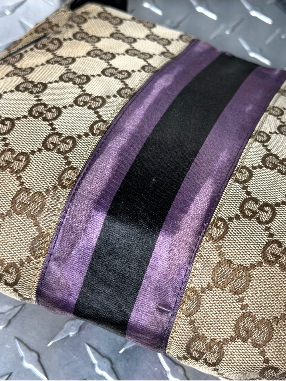 Gucci Vintage 1955 Horsebit Canvas GG Shoulder Bag in Brown/Purple - Picture 8 of 11